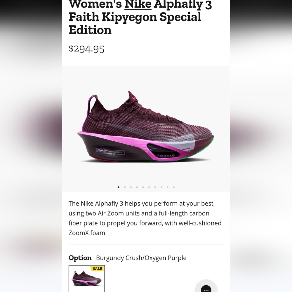 Nike Women's Alphafly 3 Racing Shoe in Burgundy and Pink Accent